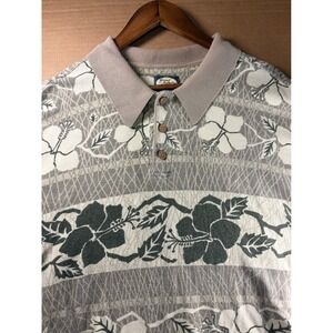 Vintage Tommy Bahama Polo Shirt XL Hawaiian Floral Gray Beige Cotton Made Macau